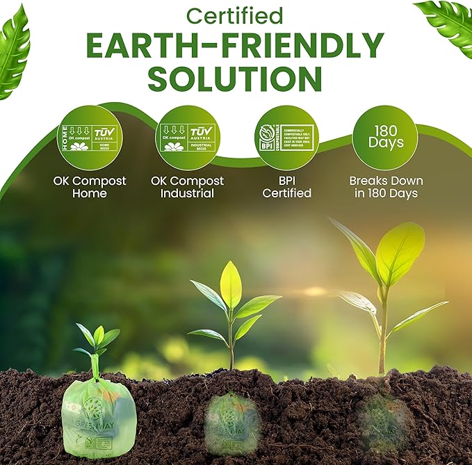 GREENWAY 3 Gallon Compostable Bags with Handles, 100 Count, 0.70 Mil, Food scrap bags, US BPI & Europe OK Compost Home Certified