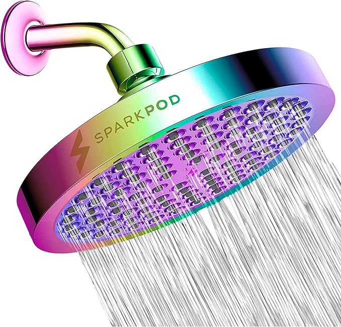 SparkPod Shower Head - High Pressure Rain - Premium Quality Luxury Design - Easy Clean Adjustable Replacement for Your Bathroom Shower Heads (Radiant Rainbow, 6 Inch Round)
