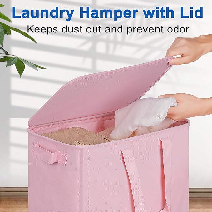 Slim Laundry Hamper with Lid and Wheels, Small Rolling Laundry Basket with Handle for Small Spaces, Tall Dirty Clothes Hampers for Dorm, Bathroom and Bedroom, 75L, Pink