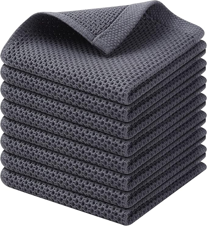 Kitinjoy 100% Cotton Kitchen Dish Cloths (12 X 12 Inches, Dark Grey), 8 Pack Waffle Weave Ultra Soft Absorbent Dish Towels for Drying Dishes Quick Drying Kitchen Towels Dish Rags