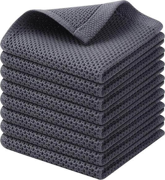 Kitinjoy 100% Cotton Kitchen Dish Cloths (12 X 12 Inches, Dark Grey), 8 Pack Waffle Weave Ultra Soft Absorbent Dish Towels for Drying Dishes Quick Drying Kitchen Towels Dish Rags
