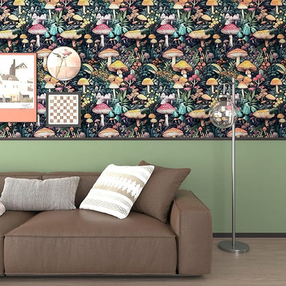 Extra Long Colorful Peel and Stick Wallpaper – Vintage Wonderland Mushroom Floral Self-Adhesive Contact Paper for Room Cabinet Drawer, Removable Vinyl Wallpaper Green Orange Red 17.5" x 393"