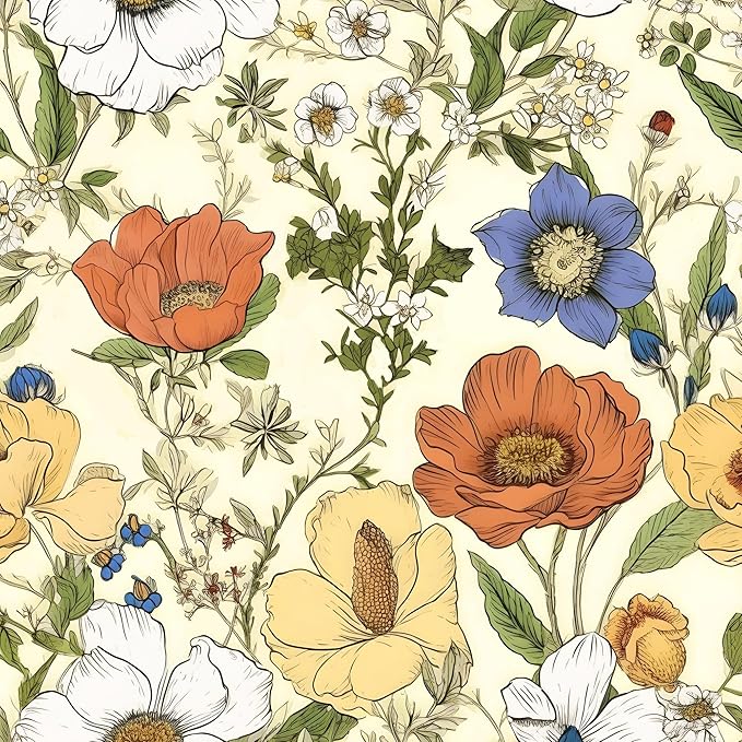 Yellow Floral Wallpaper Peel and Stick, Yellow/Orange Blooming Flowers Contact Paper, Botanical Wall Paper Self Adhesive Waterproof Removable for Bedroom Walls Shelves Cabinet Table 17.5" x 118"