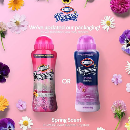 Clorox Fraganzia Laundry Scent Booster Crystals, In-Wash Fragrance Beads for Fresh-Smelling Clothes & Linens, Safe for All Fabrics & Colors, Easy-Pour Bottle, Spring Scent, 18 Oz, 2 Pack