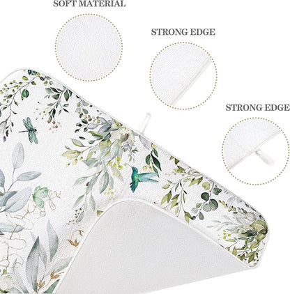 Spring Dish Drying Mat 18x24 Inches For Kitchen Counter Absorbent Green Floral Birds Leaves Kitchen Decor Drying Mat Summer Flower Decorative Pad For Home Kitchen Decor,Dining Room,Office Decor