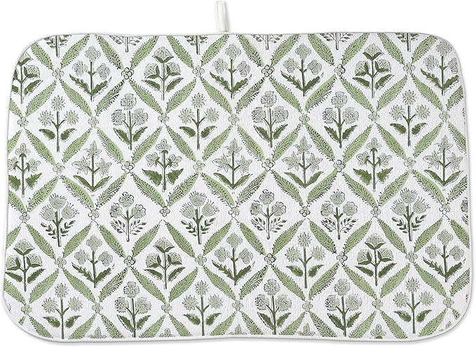 Boho Dish Drying Mat 18x24 Inches For Kitchen Counter Block Print Green Floral Kitchen Decoration Drying Mat Modern Decorative Flower Drying Pad Mat for Home Kitchen Decor,Dining Room,Office