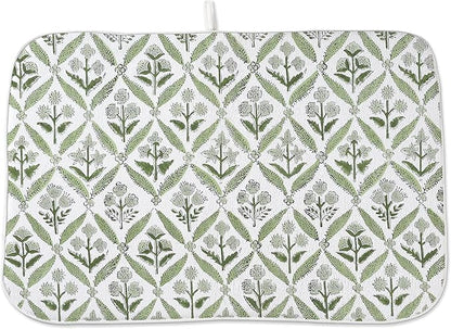 Boho Dish Drying Mat 18x24 Inches For Kitchen Counter Block Print Green Floral Kitchen Decoration Drying Mat Modern Decorative Flower Drying Pad Mat for Home Kitchen Decor,Dining Room,Office