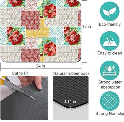 Rubber Dish Drying Mat for Kitchen Counter Large Boho Flowers Washable Quick Home Coffee Pad Fit Under Sink,Bar,Utensils 18x24in