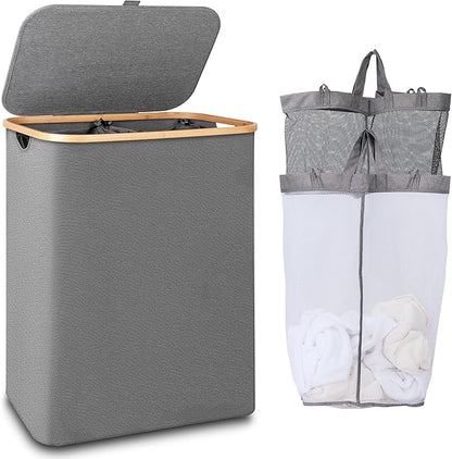 150L Laundry Hamper with Lid-Large Laundry Basket with Bamboo Handles, Grey Hampers for Laundry, Dirty Clothes Hamper with 2 Removable Inner Bags for Clothes Toys Towels