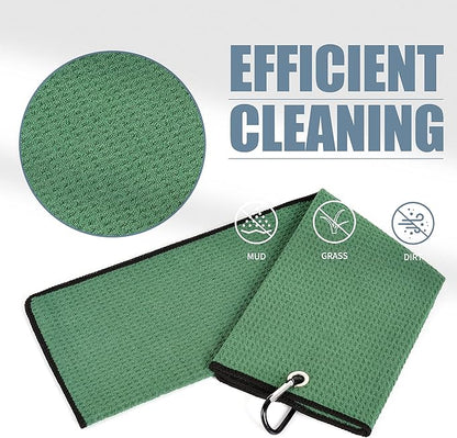 Mile High Life Tri-fold Golf Towel | 16" X 24" | Premium Microfiber Fabric | Waffle Pattern | with Heavy Duty Carabiner Clip | for Men and Women (2 Pack Green)