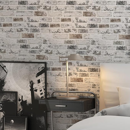 Brick Wallpaper Peel and Stick Wallpaper 17.3"x197" Grey and White 3D Brick Wallpapers Self Adhesive Vintage Wall Paper Removable Textured Contact Paper for Fireplace Kitchen Home Decoration Vinyl