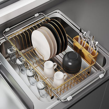 JASIWAY Gold in Sink Dish Drying Rack, Expandable Stainless Steel Small Dish Rack Over Kitchen Sink, Plate Drainer Strainer with Cutlery Holder & Cup Holders, Counter Space Saving Wire Dryer Rack
