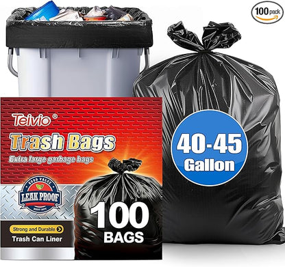 Teivio Trash Bags, 40-45 Gallon, 100 Count, Black, for Bathroom, Office, Industrial, Commercial, Janitorial, Municipal, Recycling