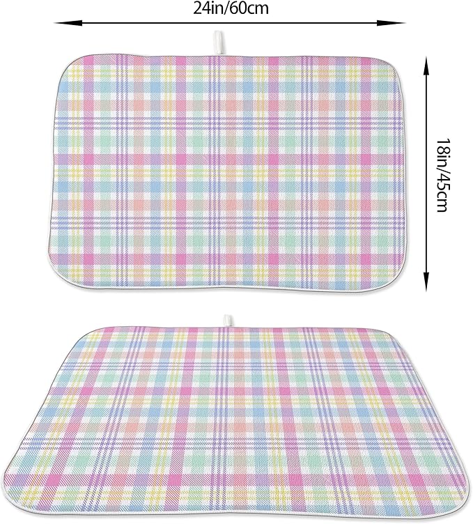 Spring Dish Drying Mat 18x24 Inches For Kitchen Counter Absorbent Easter Colorful Plaid Kitchen Decoration Pink Green Drying Mat Pad For Home Kitchen,Dining Room,Office Decor