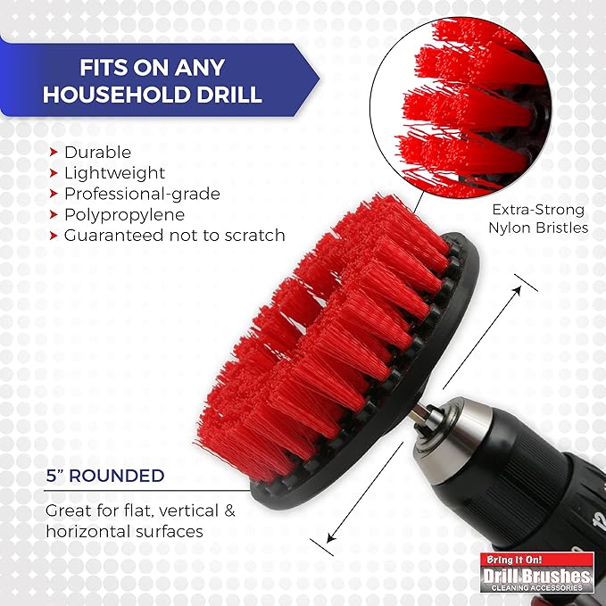 Grout Cleaner 5 Inch Flat Drill Brush | Tile and Grout Cleaner Tool Drill Brush Attachment | Bathroom and Shower Scrubber | Stiff Nylon Bristles Remove Soap Scum | Baseboard Cleaner Tool