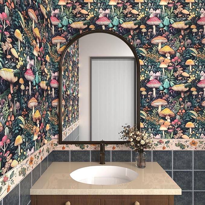 Extra Long Colorful Peel and Stick Wallpaper – Vintage Wonderland Mushroom Floral Self-Adhesive Contact Paper for Room Cabinet Drawer, Removable Vinyl Wallpaper Green Orange Red 17.5" x 393"