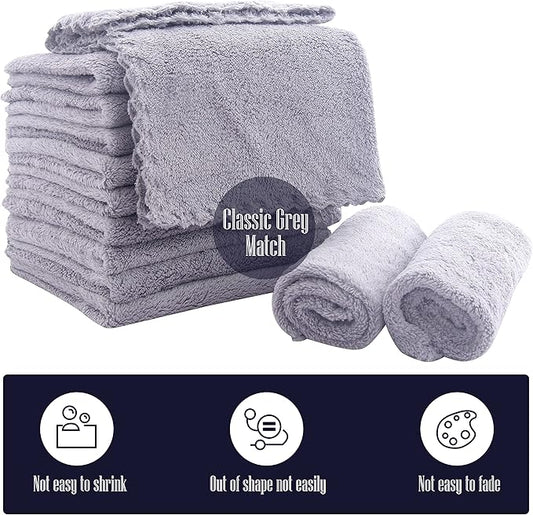 16 Pack Baby Washcloths - Luxury Coral Fleece - Extra Absorbent and Soft Wash Clothes for Newborn, Infants and Toddlers - Suitable for Sensitive Skin and New Born - Baby Shower - Light Grey,10x10 Inch