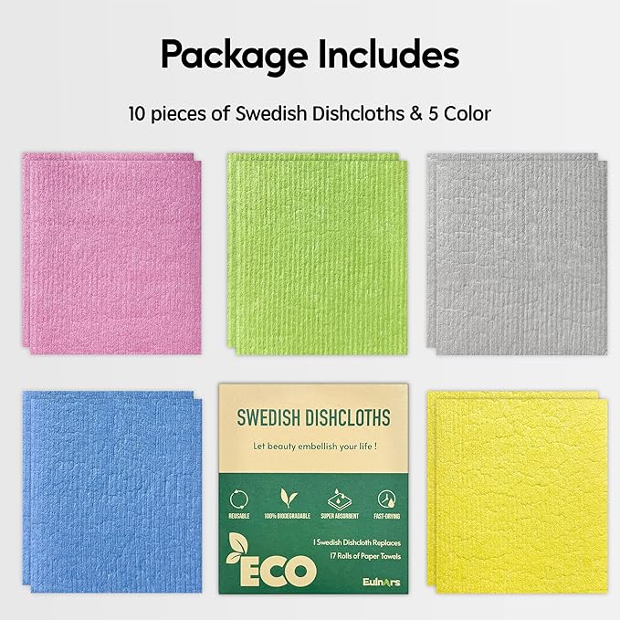 Swedish Dishcloths for Kitchen, 10 Pack Reusable Paper Towels Washable, Ultra Absorbent Dish Towels for Washing Dishes, Non-Scratch Cellulose Sponge Cloths, No Odor, Biodegradable