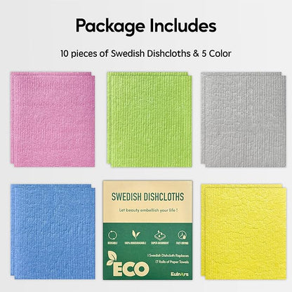 Swedish Dishcloths for Kitchen, 10 Pack Reusable Paper Towels Washable, Ultra Absorbent Dish Towels for Washing Dishes, Non-Scratch Cellulose Sponge Cloths, No Odor, Biodegradable