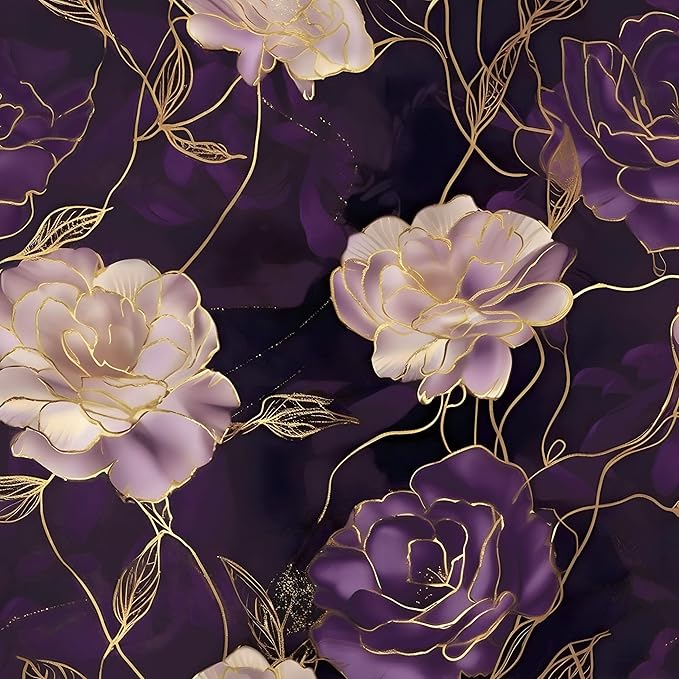 Dark Floral Wallpaper Peel and Stick Purple/Gold Rose Flower Contact Paper 17.4" x 393" Wall Paper Waterproof Self-Adhesive Wall Covering for Bedroom Countertop Desk Cabinets Decor Renter Friendly