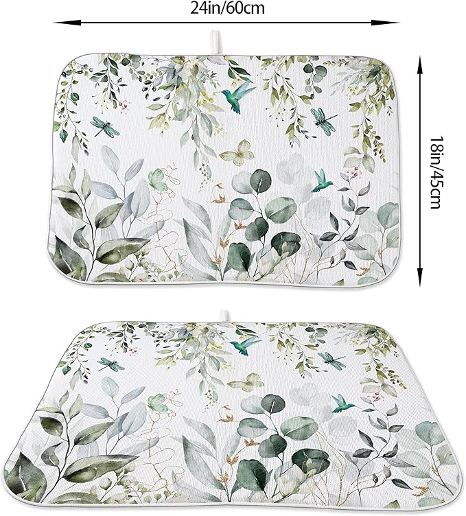 Spring Dish Drying Mat 18x24 Inches For Kitchen Counter Absorbent Green Floral Birds Leaves Kitchen Decor Drying Mat Summer Flower Decorative Pad For Home Kitchen Decor,Dining Room,Office Decor