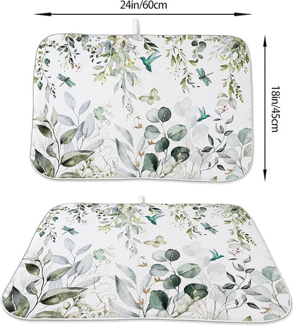 Spring Dish Drying Mat 18x24 Inches For Kitchen Counter Absorbent Green Floral Birds Leaves Kitchen Decor Drying Mat Summer Flower Decorative Pad For Home Kitchen Decor,Dining Room,Office Decor