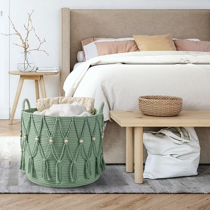 Blanket Basket for Living Room Decor Storage Basket for Toy Organizer Boho Decor Baskets for Modern Farmhouse Decor Small Laundry Basket for Bedroom and Laundry Room Organization,Green