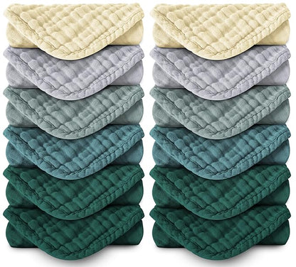Muslin Burp Cloths 100% Cotton Large 20''x10'' Extra Soft and Absorbent Baby Wash Cloths Spit Up Rags - Baby Burping Cloth for Boys Girls Items(12 Pack Ivory, Slate and Emerald Series)