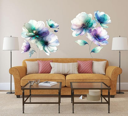 Boho Flower Wall Stickers Wildflower Floral Grass Peel and Stick Wall Stickers Living Room Bedroom Nursery Wall Decor (Blue)