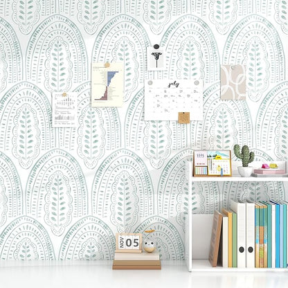 Modern Peel and Stick Wallpaper Boho Contact Paper 17.3''×78.8'' Self Adhesive Removable Wallpaper Peel and Stick Wall Paper Green and White Wallpapers for Bedroom Bathroom Cabinets Decor Vinyl