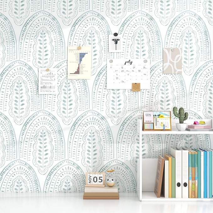 Modern Peel and Stick Wallpaper Boho Contact Paper 17.3''×197'' Self Adhesive Removable Wallpaper Peel and Stick Wall Paper Green and White Wallpapers for Bedroom Bathroom Cabinets Decor Vinyl