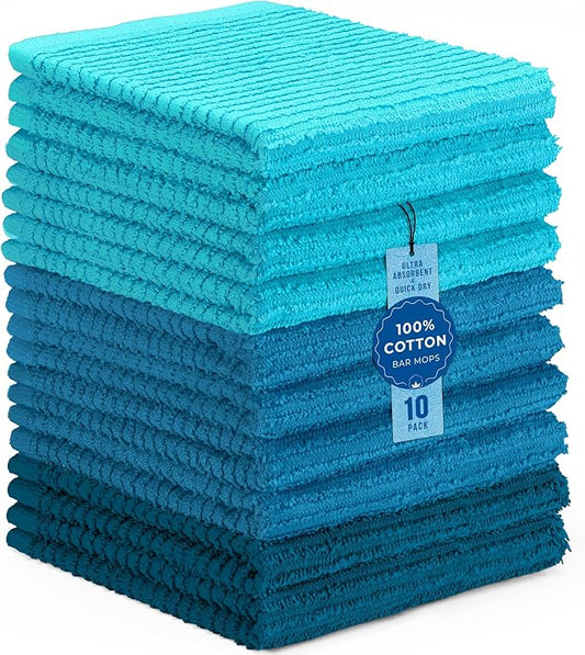DecorRack 10 Pack 100% Cotton Bar Mops, 12 x 12 inch Kitchen Dish Cloths, Multi-Purpose Cleaning Towels, Ultra Absorbent, Machine Washable, Quick Dry, Turquoise (Pack of 10)