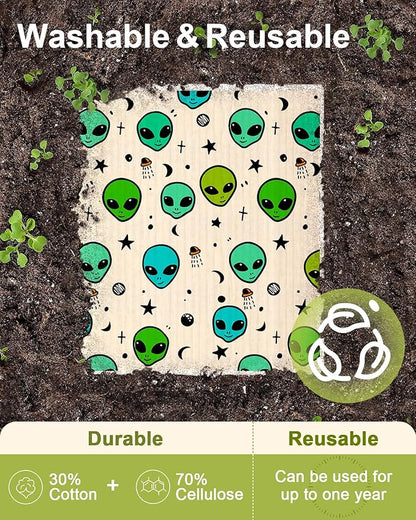 Swedish Dishcloths for Kitchen - 5 Pack Reusable Dish Cloths for Washing Dishes Absorbent Cute Funny Kitchen Towels Cleaning Sponge, Alien