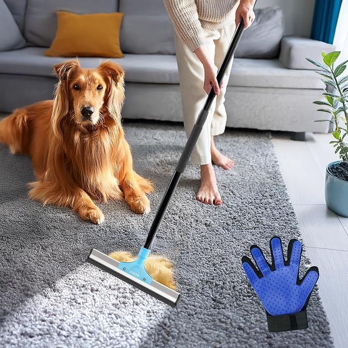 Carpet Rake for Pet Hair Removal – Carpet Scraper & Pet Fur Rake – Dog & Cat - Animal Fur Broom for Rugs & Furniture with Adjustable Lengths - Blue