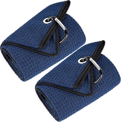 Mile High Life Tri-fold Golf Towel | 16" X 24" | Premium Microfiber Fabric | Waffle Pattern | with Heavy Duty Carabiner Clip | for Men and Women (2 Pack Navy)