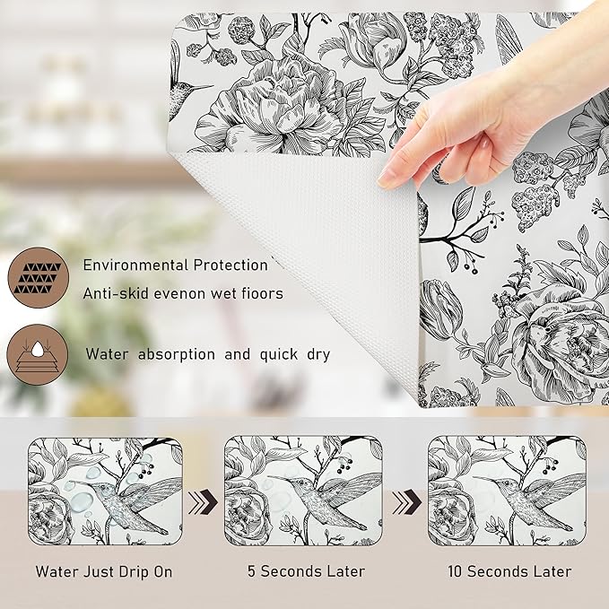Black and White Floral Hummingbird Dish Drying Mat, Vintage Botanical Coffee Bar Mat for Countertops, Bird Flower Absorbent Dish Drying Mats for Kitchen Counter Coffee Maker, 16x24 Inch