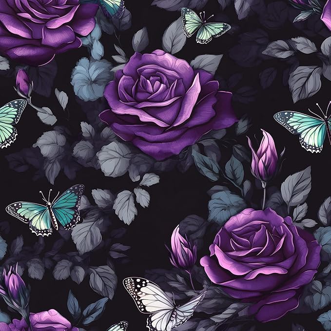 Fvlow Black Foral Wallpaper Peel and Stick Dark Purple Rose Contact Paper 17.4" x 393", Waterproof Self-Adhesive Flower Butterfly Wall Paper for Bedroom Countertop Desk Cabinets Decor Renter Friendly