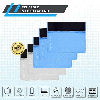 Eco-Fused Microfiber Cleaning Cloths - 5 Pack - Double-Sided Cleaning Cloths - Microfiber and Suede Cloth for Smartphones, LCD TV, Tablets, Laptop Screens, Camera Lenses (Blue & Grey - 5 Pack)