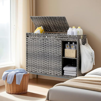 Laundry Hamper with Lid, 130L (34.4 Gal) Rattan Laundry Hamper 3 Section with 50L(13.2 Gal) Storage Shelf, Wicker Woven Laundry Sorter Basket with 4 Liner Bags and Handles, Natural GLH003N