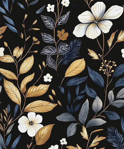 Laatse Vintage Dark Floral Wallpaper Peel and Stick Blue/Gold Leaf Wallpaper Waterproof Self Adhesive Removable Boho Wall Paper Modern for Bedroom Walls Drawer Cabinet 17.5in x 197in