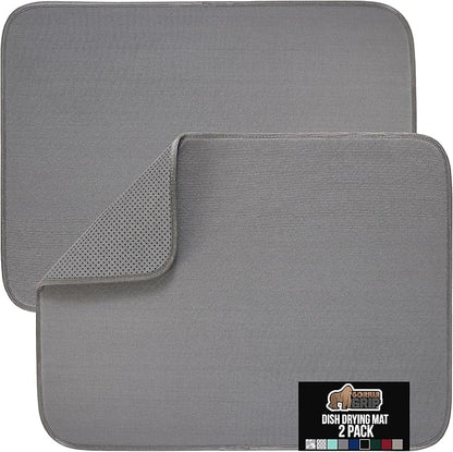 GORILLA GRIP Ultra Water Absorbent Microfiber Dish Drying Mat, 18x24, Quick Dry Thick Mesh, Slip Resistant Pad for Sink Dishes or Under Rack, Kitchen Counter Accessories, Machine Wash, 2 Pack Gray