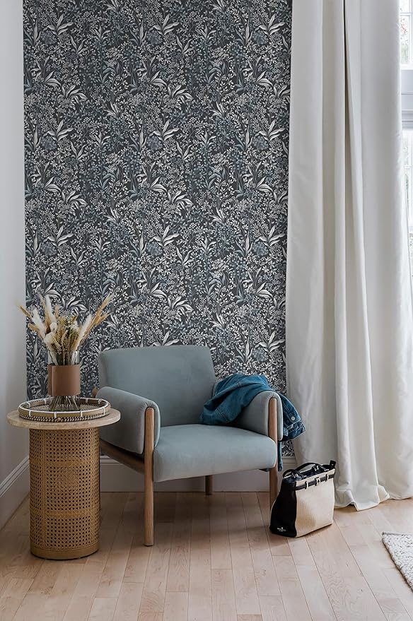 Heroad Brand 17.3''x196'' Blue Peel and Stick Wallpaper Boho Dark Blue Floral Contact Paper Removable Self Adhesive Contact Paper for Cabinets Waterproof Decoration Wallpaper for Walls