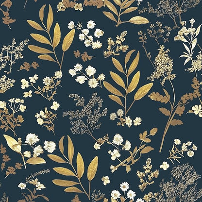 Dark Blue Leaf Wallpaper Peel and Stick Dark Blue Floral Wallpaper for Bedroom Vintage Leaf Contact Paper Waterproof Self Adhesive Boho Floral Wall Paper for Bedroom Walls Countertop 17.5in x 197in