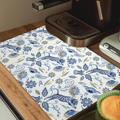 Blue and White Floral Tiger Dish Drying Mat, Chinoiserie Tiger Coffee Bar Mat for Countertops, Abstract Flower Absorbent Dish Drying Mats for Kitchen Counter Coffee Maker, 16x24 Inch