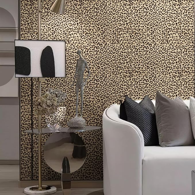 JiffDiff Leopard Print Peel and Stick Wallpaper, Waterproof Removable Self Adhesive Textured Wall Paper, Yellow Unique Funky Cheetah Contact Paper for Bedroom and Bathroom 120"X17.3"(14.4 sq. ft)