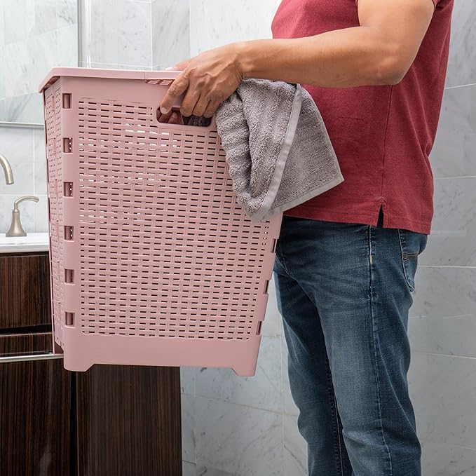 Mind Reader 61L Foldable Laundry Hamper, Clothes Basket, Lid, Wicker Design, Plastic, 18"L x 14.5"W x 21.25"H, Pink