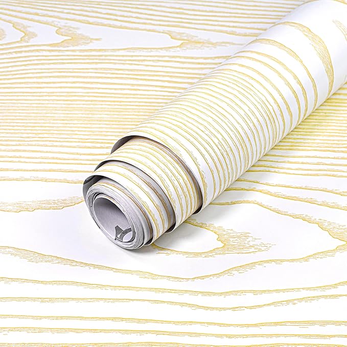 Yun-aeon White and Gold Wood Contact Paper 17.3"x80" Rustic Wooden Peel and Stick Wallpaper Removable Self-Adhesive Wallpaper Wood Grain Contact Paper for Countertops Cabinets