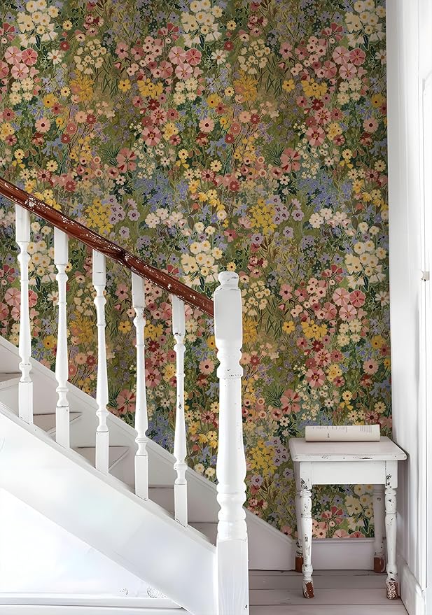 Floral Wallpaper Peel and Stick Boho Wall Paper Removable Waterproof Green Petal Pattern Contact Paper for Bedroom, Bathroom, Home Wall 17.3" x 236.3"
