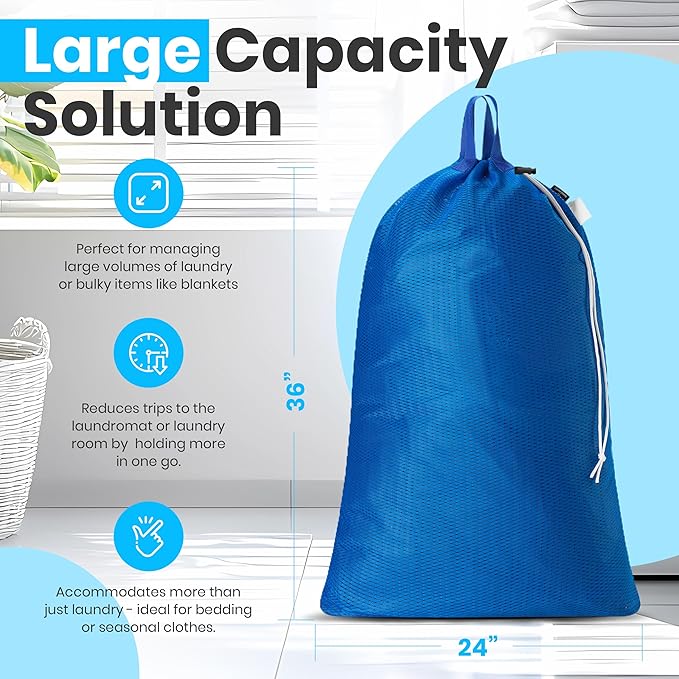 Handy Laundry Mesh Laundry Bags 24 x 36 Inches, 2-Pack - Extra Large Heavy Duty Bag with Handles & Shoulder Strap, Breathable, Machine Washable for Dorm, Travel, Bedding & Storage - Blue