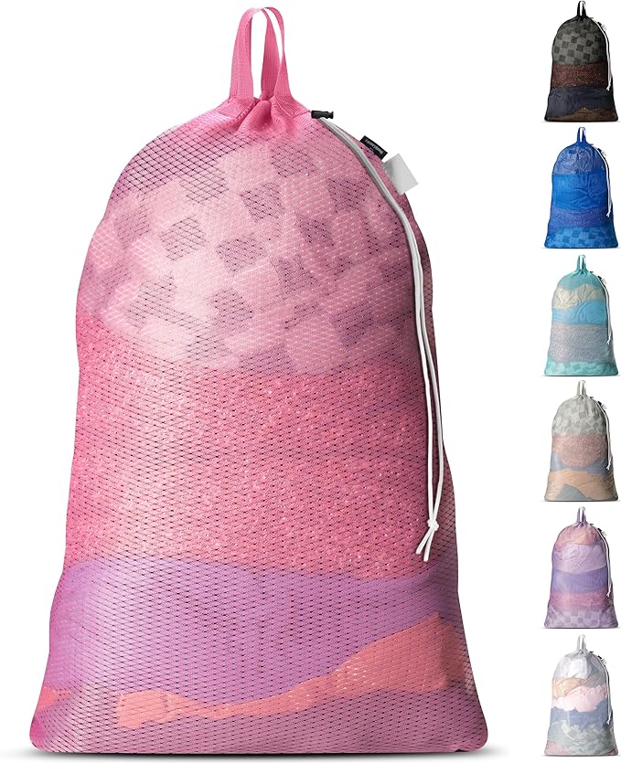 Handy Laundry Mesh Laundry Bag 24 x 36 Inches - Extra Large Heavy Duty Bag with Handles & Shoulder Strap, Breathable, Machine Washable for Dorm, Travel, Bedding & Storage - Pink
